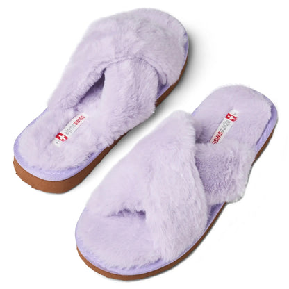 Womens Fuzzy Fluffy Slippers Memory Foam Indoor Outdoor Flat Sandals Lilac