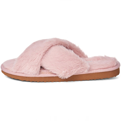 Womens Fuzzy Fluffy Slippers Memory Foam Indoor Outdoor Flat Sandals Pink Suede