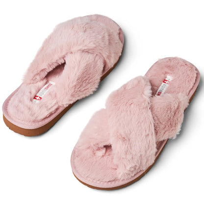 Womens Fuzzy Fluffy Slippers Memory Foam Indoor Outdoor Flat Sandals Pink Suede
