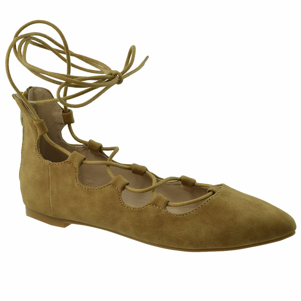 Womens Ghillie Lace Up Pointed Toe Suede Ballet Flats Tan – SOBEYO.COM
