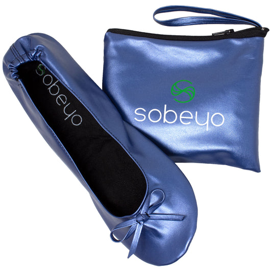 Foldable Ballet Flats Women's Travel Portable Comfortable Shoes Navy PU SOBEYO