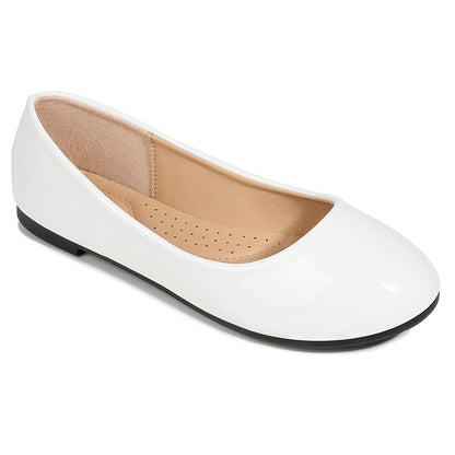 SOBEYO Basic Round Toe Ballet Flats Patent Leather White
