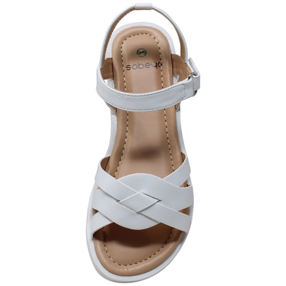 SOBEYO Girls Strappy Platform Cute Ankle Strap Summer Flat Sandals White