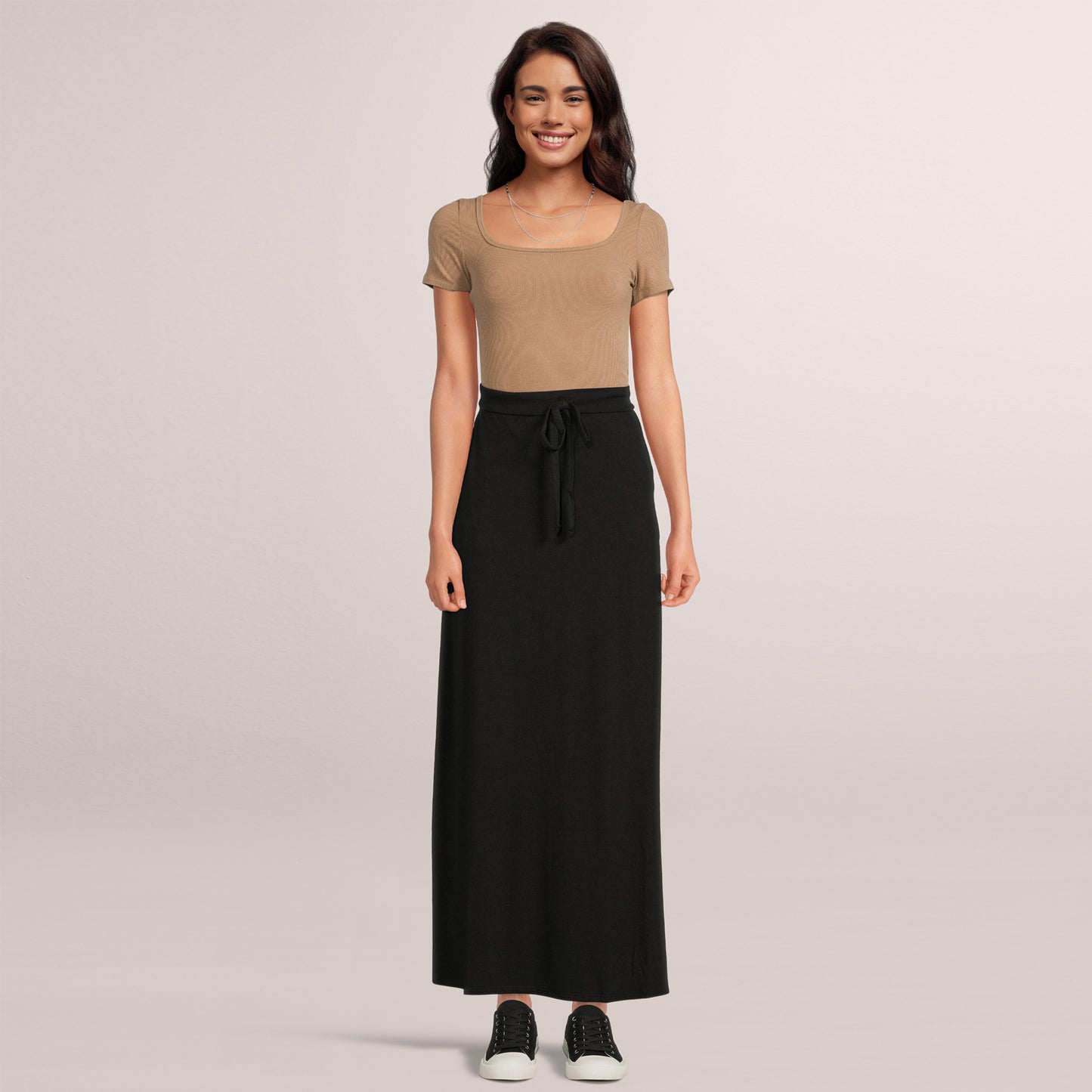 Women's Maxi Long Skirt Drawstring Waist Pockets Soft Comfort Fabric Black