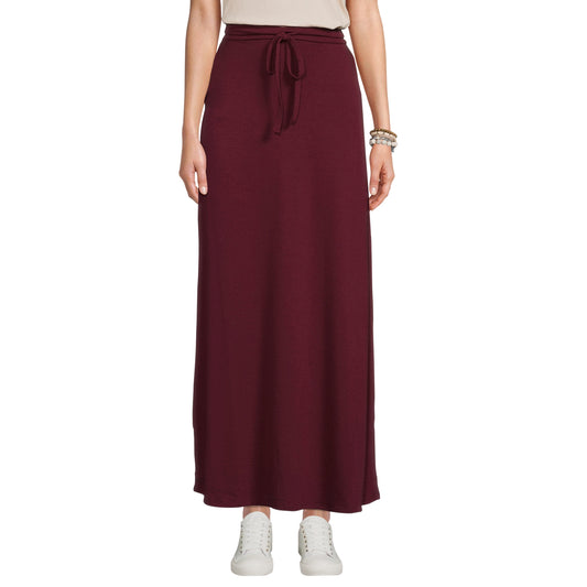 Women's Maxi Long Skirt Drawstring Waist Pockets Soft Comfort Fabric Burgundy