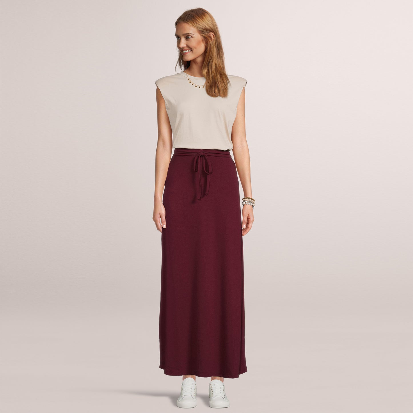 Women's Maxi Long Skirt Drawstring Waist Pockets Soft Comfort Fabric Burgundy