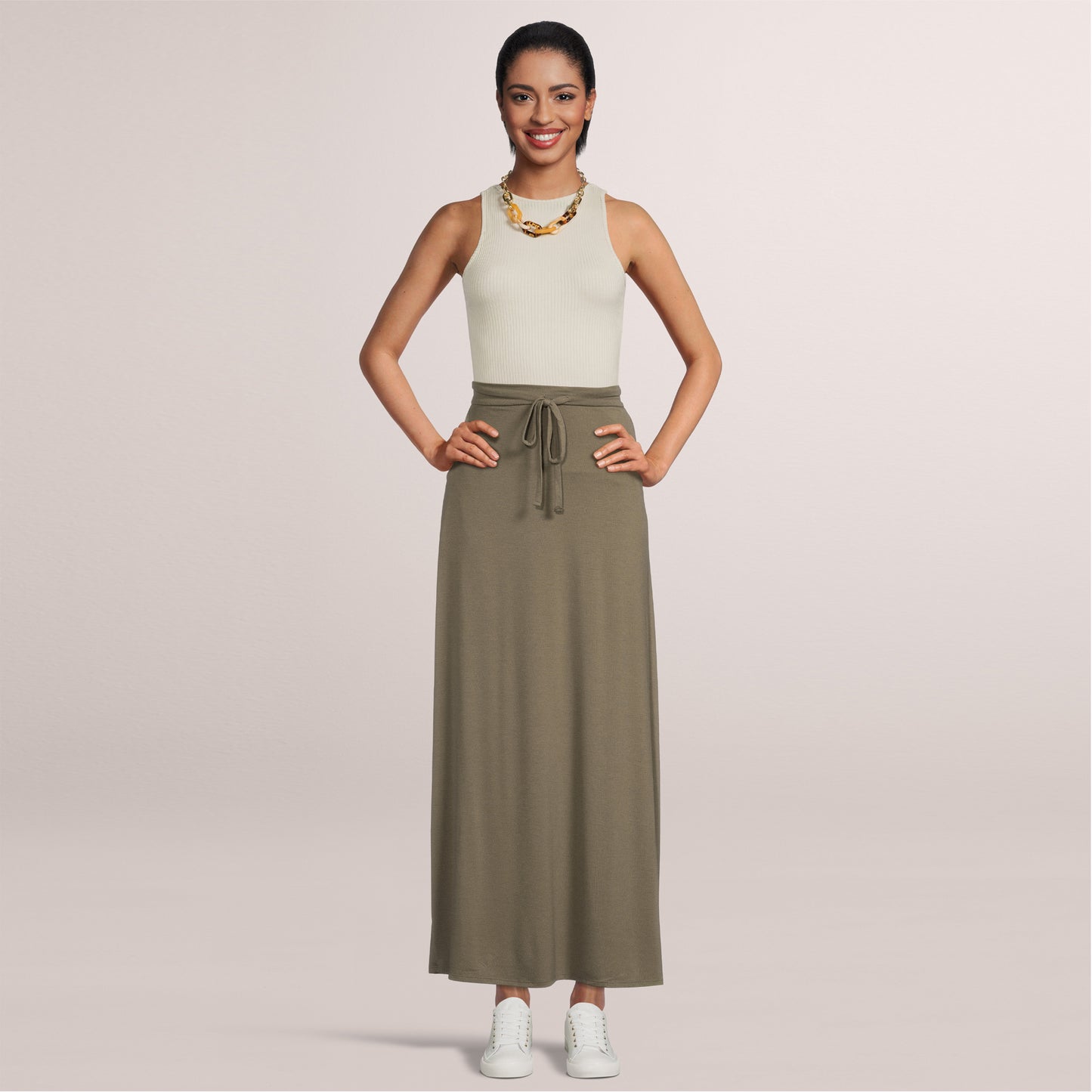Women's Maxi Long Skirt Drawstring Waist Pockets Soft Comfort Fabric Green