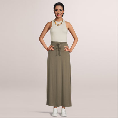 Women's Maxi Long Skirt Drawstring Waist Pockets Soft Comfort Fabric Green
