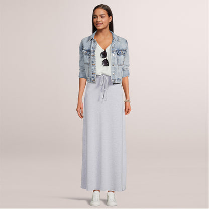 Women's Maxi Long Skirt Drawstring Waist Pockets Soft Comfort Fabric Gray