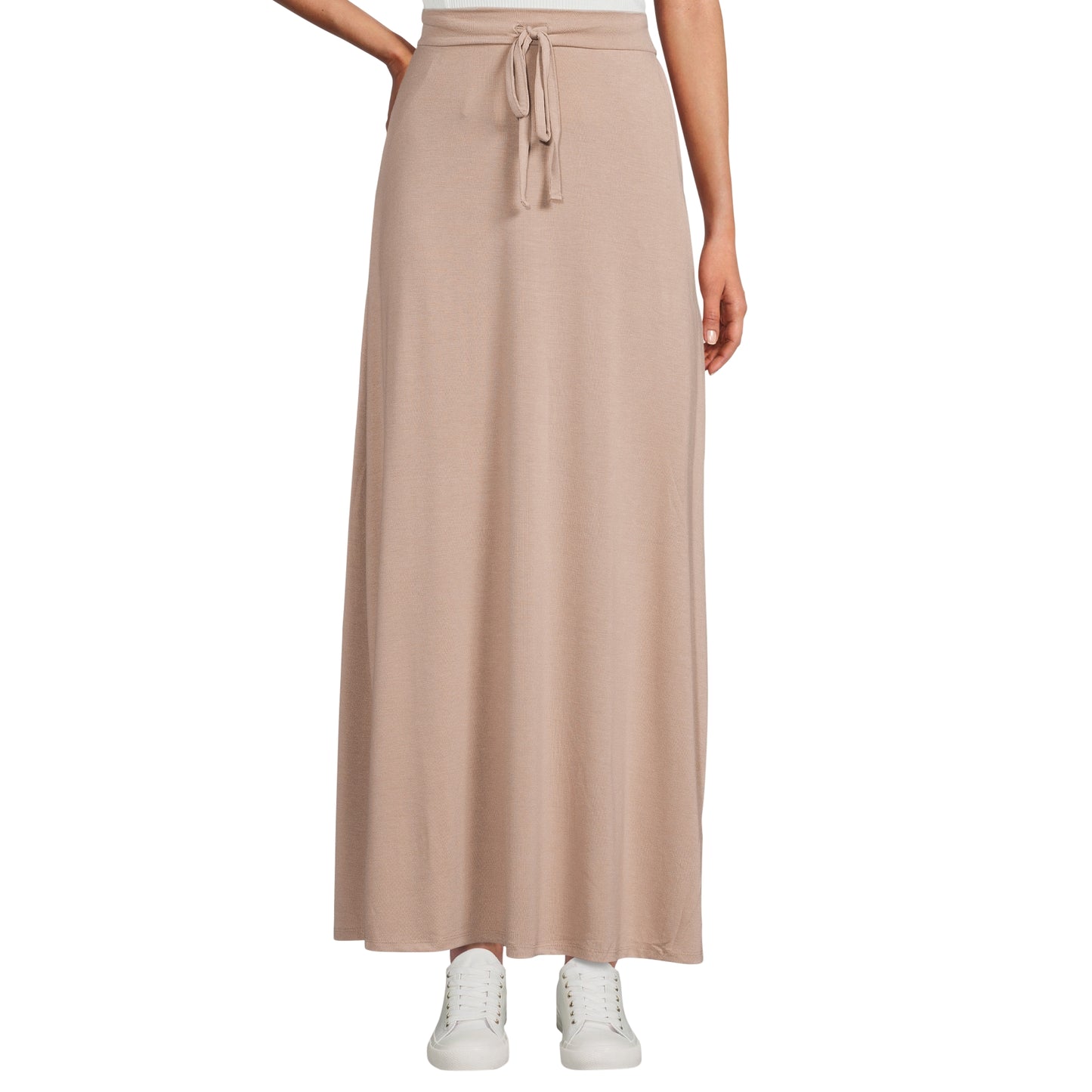 Women's Maxi Long Skirt Drawstring Waist Pockets Soft Comfort Fabric Taupe