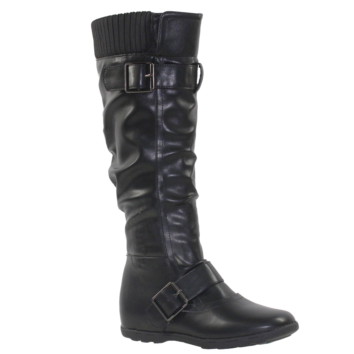 SOBEYO Women's Boots Ruched Knit Cuff Double Straps Buckles Black Leather
