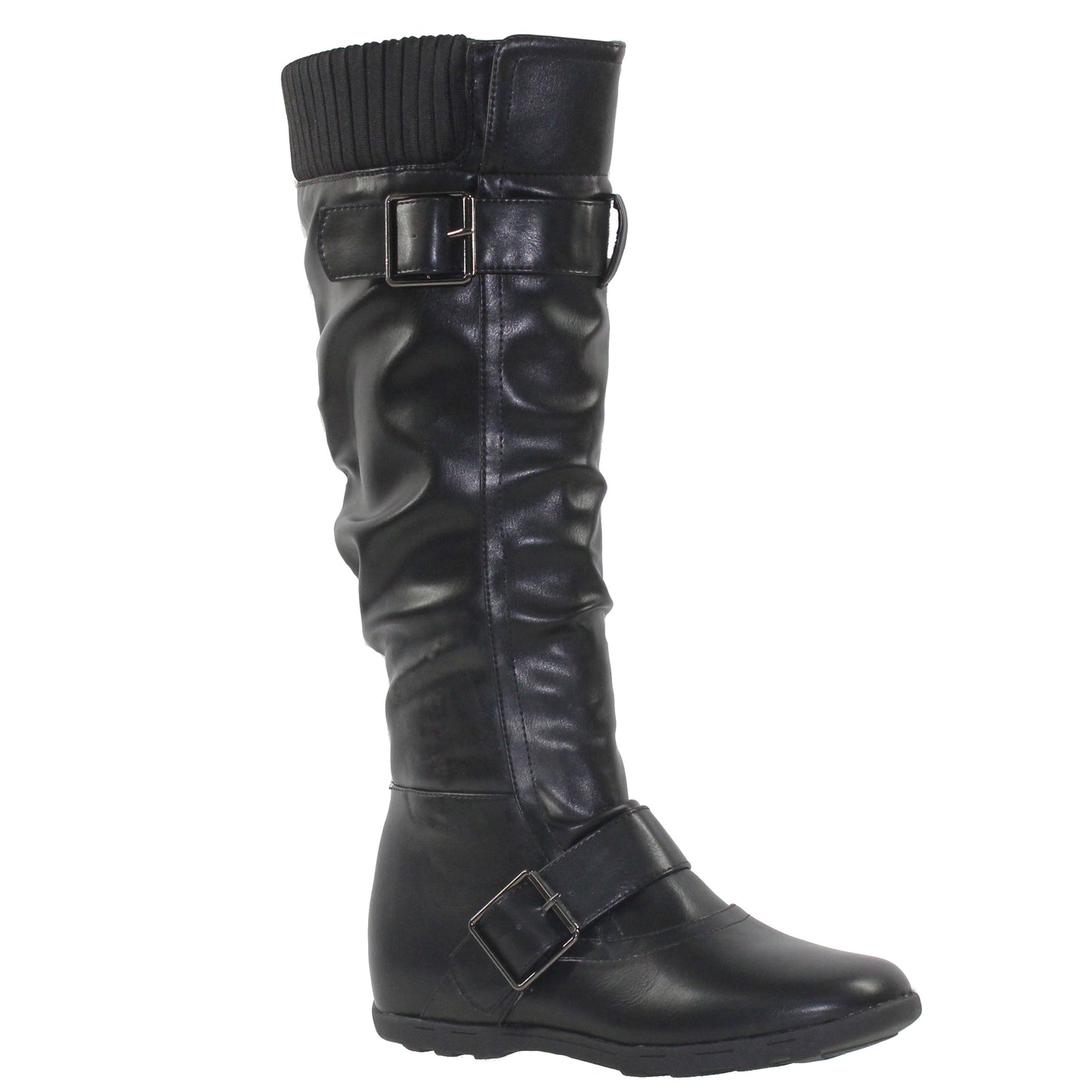 SOBEYO Knee High Boots Ruched Knit Cuff Double Straps Buckles