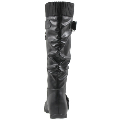 SOBEYO Knee High Boots Ruched Knit Cuff Double Straps Buckles