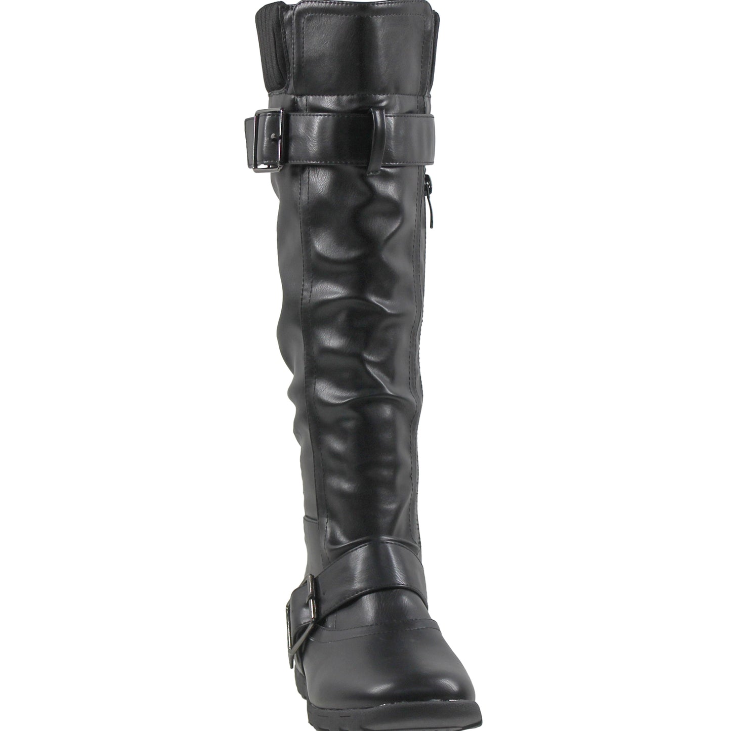 SOBEYO Knee High Boots Ruched Knit Cuff Double Straps Buckles