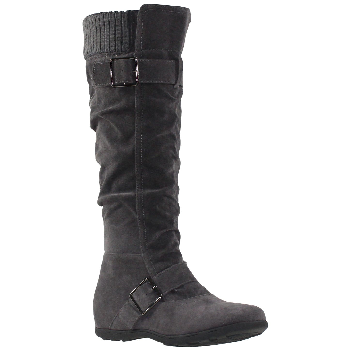 SOBEYO Knee High Boots Ruched Knit Cuff Double Straps Buckles