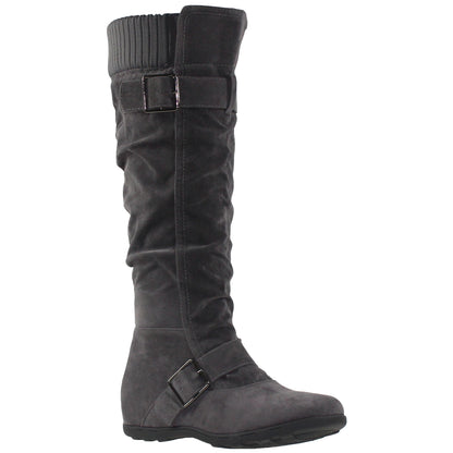 SOBEYO Women's Boots Ruched Knit Cuff Double Straps Buckles Gray Suede