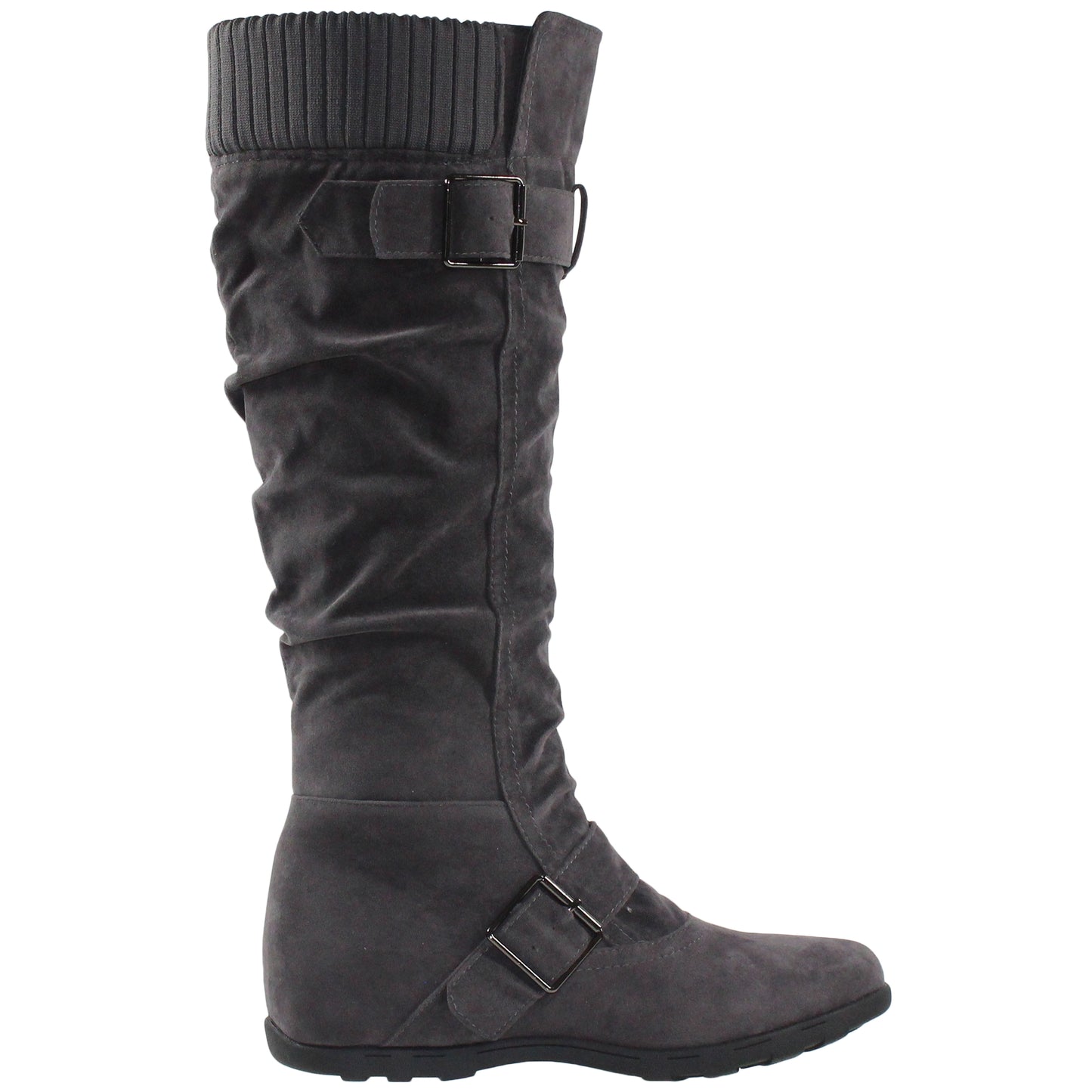 SOBEYO Women's Boots Ruched Knit Cuff Double Straps Buckles Gray Suede