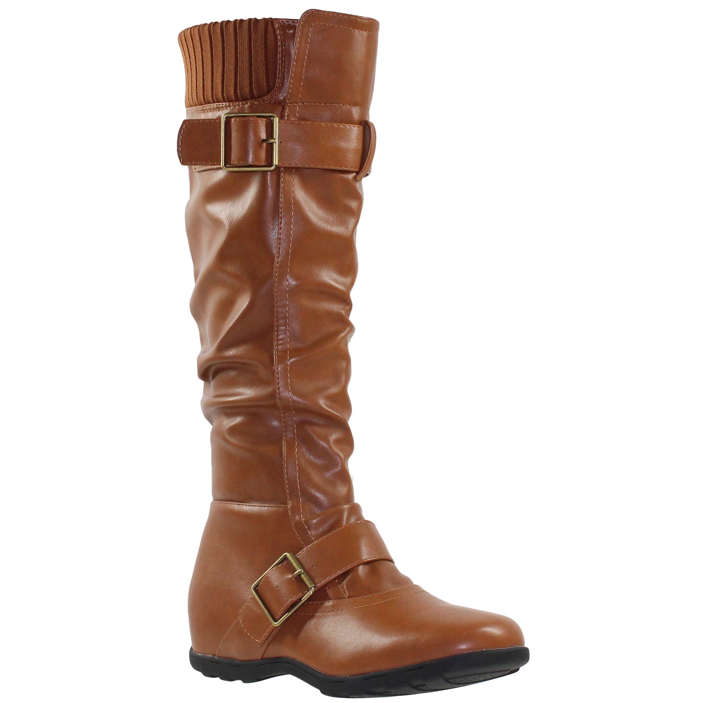 SOBEYO Knee High Boots Ruched Knit Cuff Double Straps Buckles