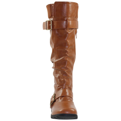 SOBEYO Women's Boots Ruched Knit Cuff Double Straps Buckles Tan Leather