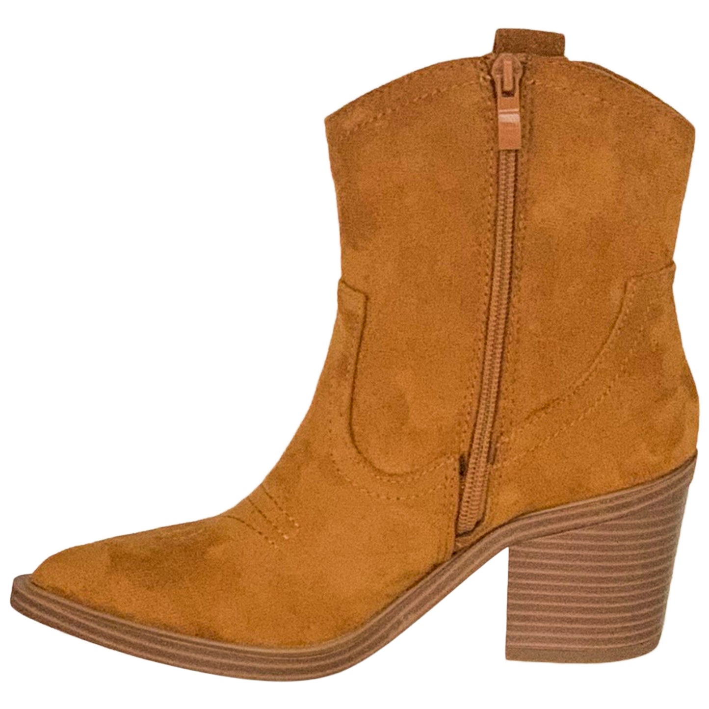 Western Ankle Booties Stitched Cowboy Toe Side Zipper Closure Tan