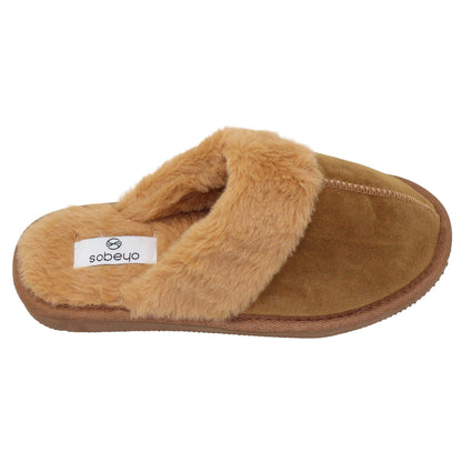 SOBEYO Furry Clog Slippers Indoor/Outdoor Fur Lining Tan Suede