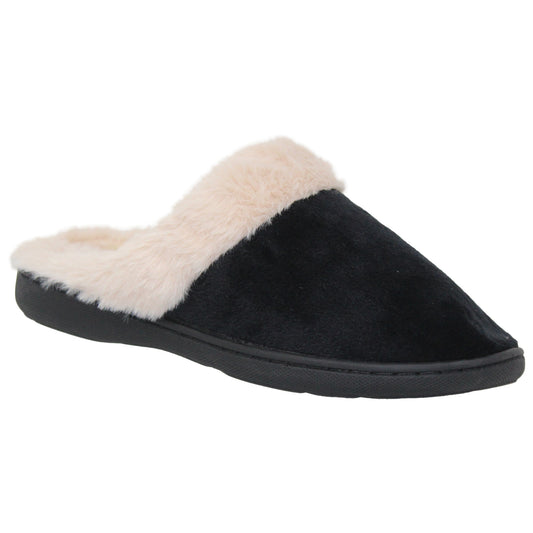 SOBEYO Women's Fuzzy Two-Tone Fur-Collar Clog Slippers Black