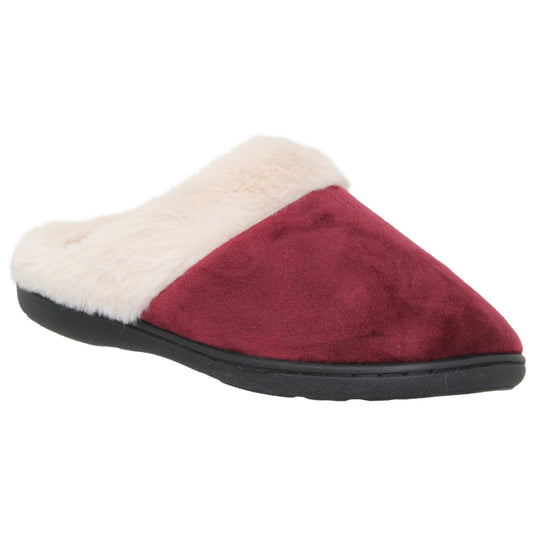 SOBEYO Women's Fuzzy Two-Tone Fur-Collar Clog Slippers Red