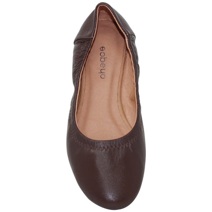 Brown Ballet Flats Round Toe Genuine Leather Elastic Side