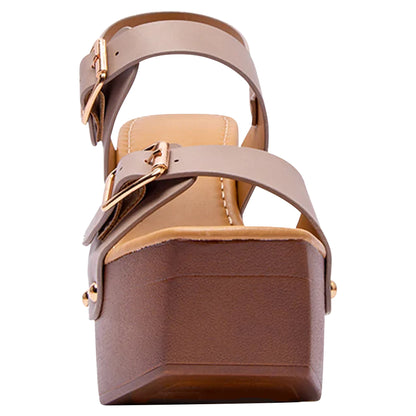 Double Buckle Straps Sandals Wood Accents Godden Studs Taupe