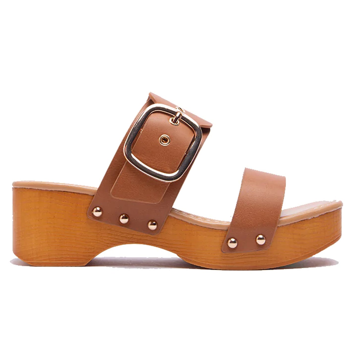 Double Adjustable Buckle Straps Slip On Wood Accents Sandals Tan