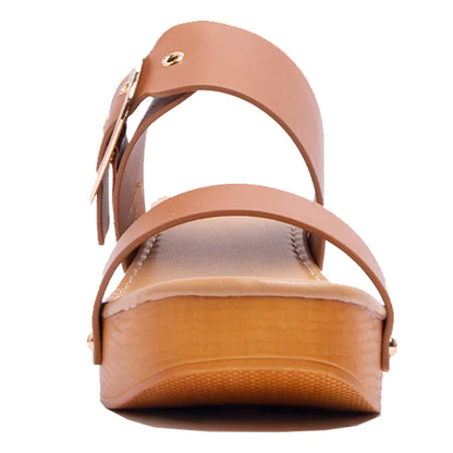 Double Adjustable Buckle Straps Slip On Wood Accents Sandals Tan
