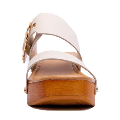 Double Adjustable Buckle Straps Slip On Wood Accents Sandals White
