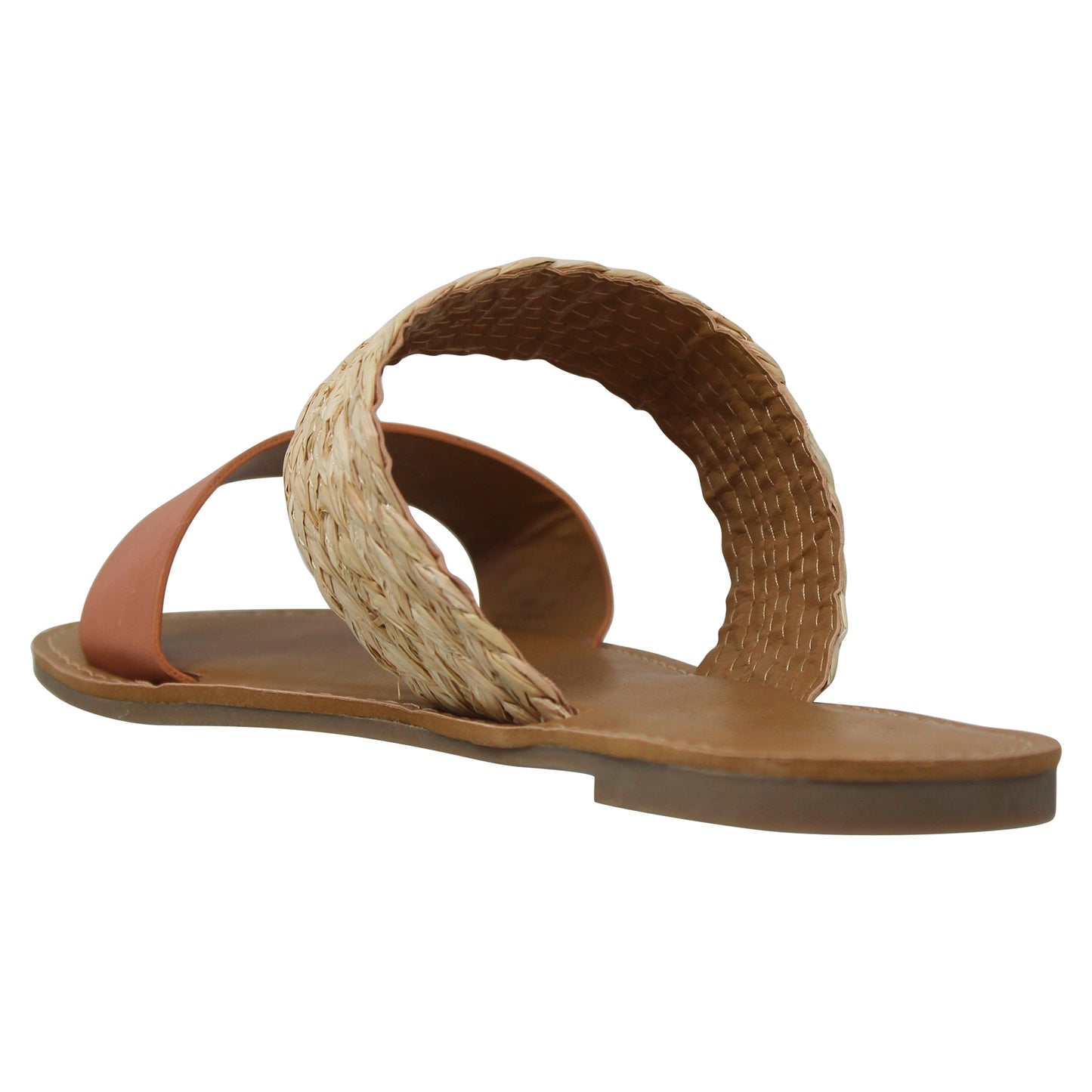 Women's Summer Sandals Two Band Slip On Flats Coral/Straw Tan