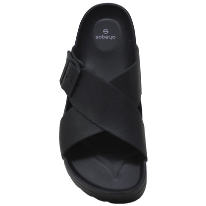 SOBEYO Light-Weight  Platform Sandals Criss-Cross Adjustable Buckles Black