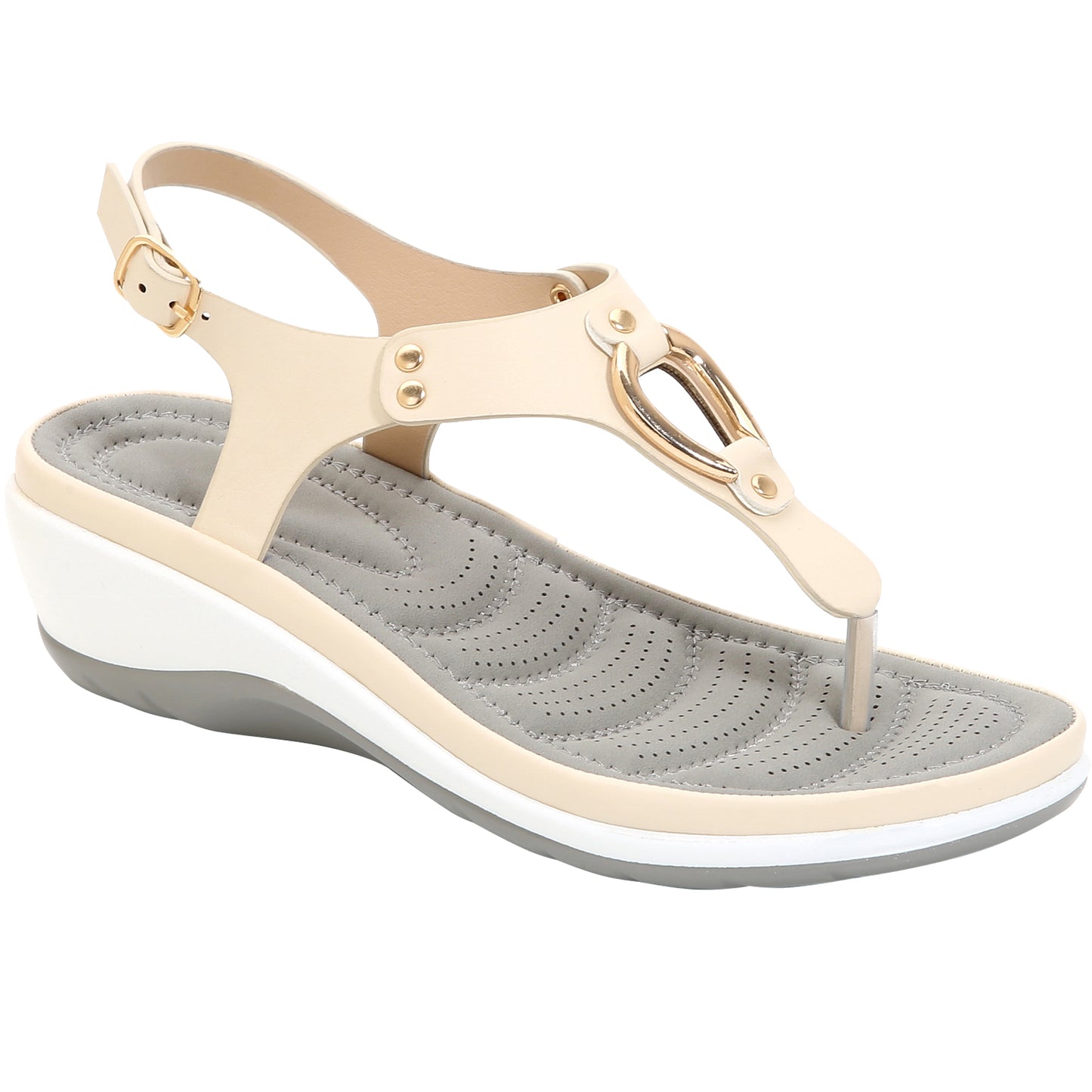 SOBEYO Platform Sandals Thong Gold Buckle T-Strap Sling Back Beige