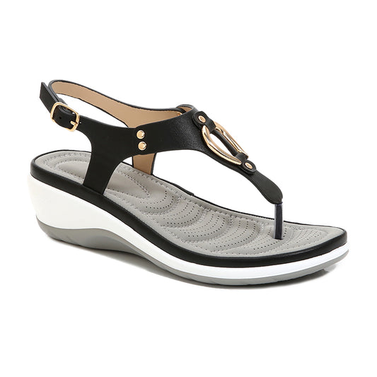 SOBEYO Platform Sandals Thong Gold Buckle T-Strap Sling Back Black
