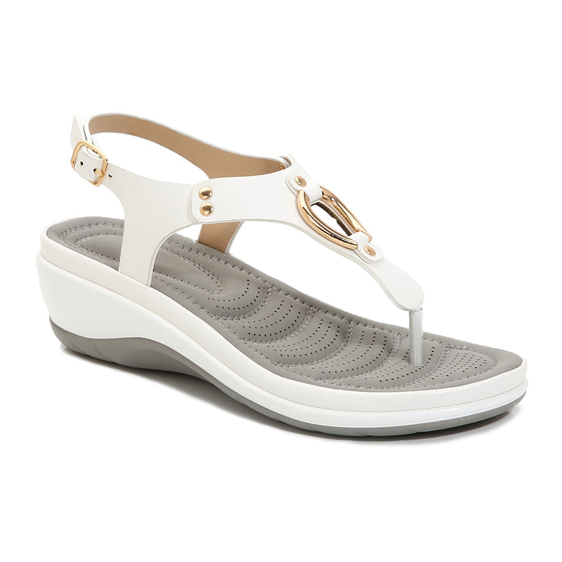 SOBEYO Platform Sandals Thong Gold Buckle T-Strap Sling Back White