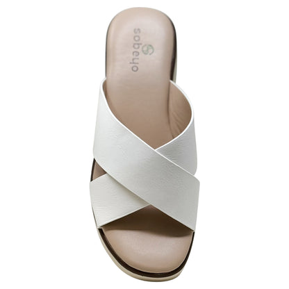 SOBEYO Criss Cross Platform Sandals Cushioned  Striped Sole White