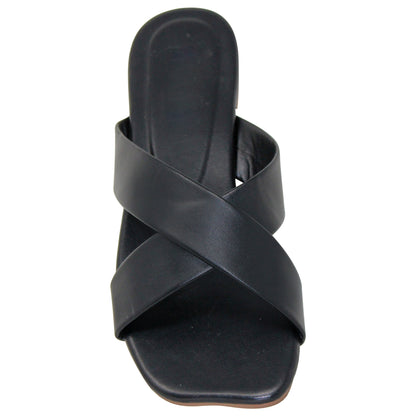 SOBEYO Square Toe Crossband Slide Sandals Beige Black