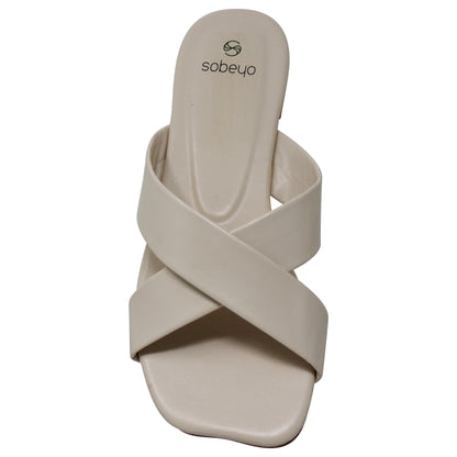 SOBEYO Square Toe Crossband Slide Sandals Beige
