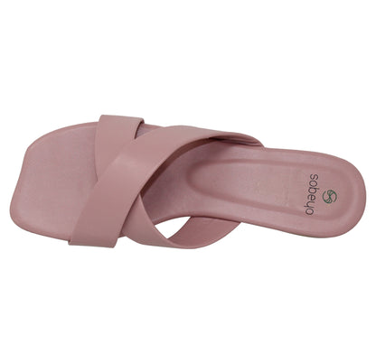 SOBEYO Square Toe Crossband Slide Sandals Dusty Pink
