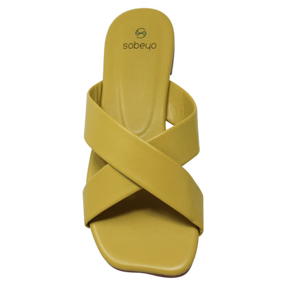 SOBEYO Square Toe Crossband Slide Sandals Yellow
