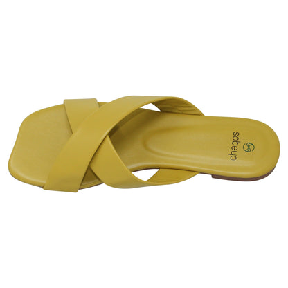 SOBEYO Square Toe Crossband Slide Sandals Yellow