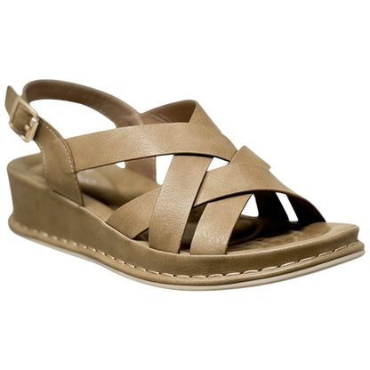 SOBEYO Strappy Wedge Sandals Footbed Cushion Ankle Gold Buckled Strap Tan